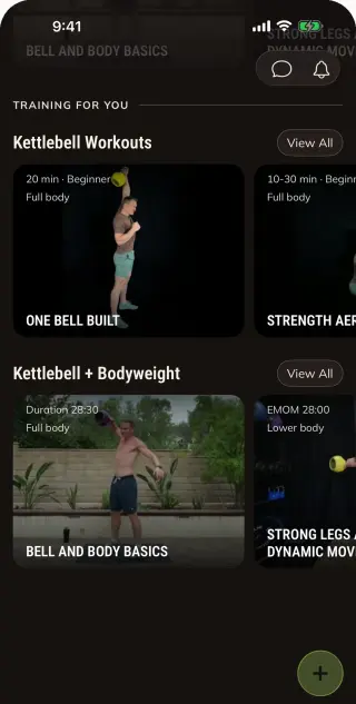 Bells and Moves workout discovery screen with bodyweight and kettlebell programs